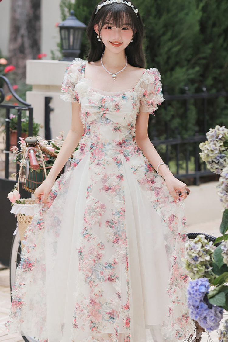 White Floral Pattern Square Collar Short Puff Sleeves Ruffled Open-Front Spliced Sweet Lolita Dress - Product - 9