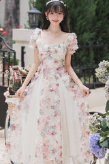 White Floral Pattern Square Collar Short Puff Sleeves Ruffled Open-Front Spliced Sweet Lolita Dress - Product - 9