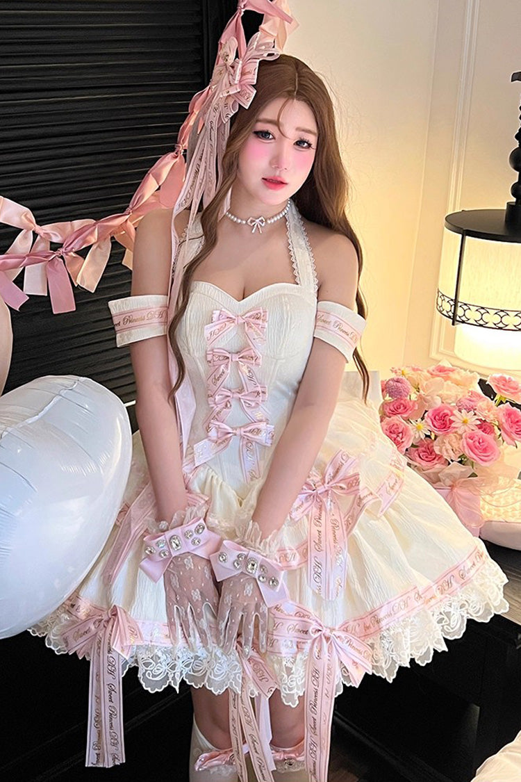 Pink [Young Lady] Halterneck Sleeveless Multi-Layered Ruffle Bowknot Elegant Princess Sweet Lolita Dress - Pink - 1
