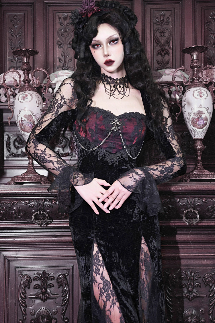 Black/Red [Rose Cemetery] Long Sleeves Lace Slim Gothic Lolita Fishtail Dress - Product - 5