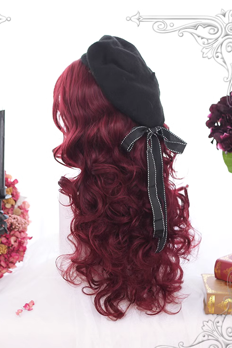 Dark Red Long Wool Curly Classic Lolita Wigs - Product - 4