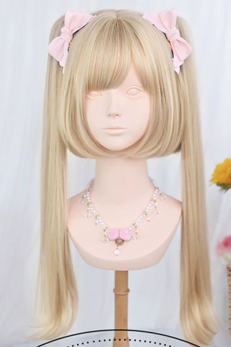 Milk Tea Gold Long Straight Twin Pigtails Sweet Lolita Wig Set - Milk-Tea-Gold - 1
