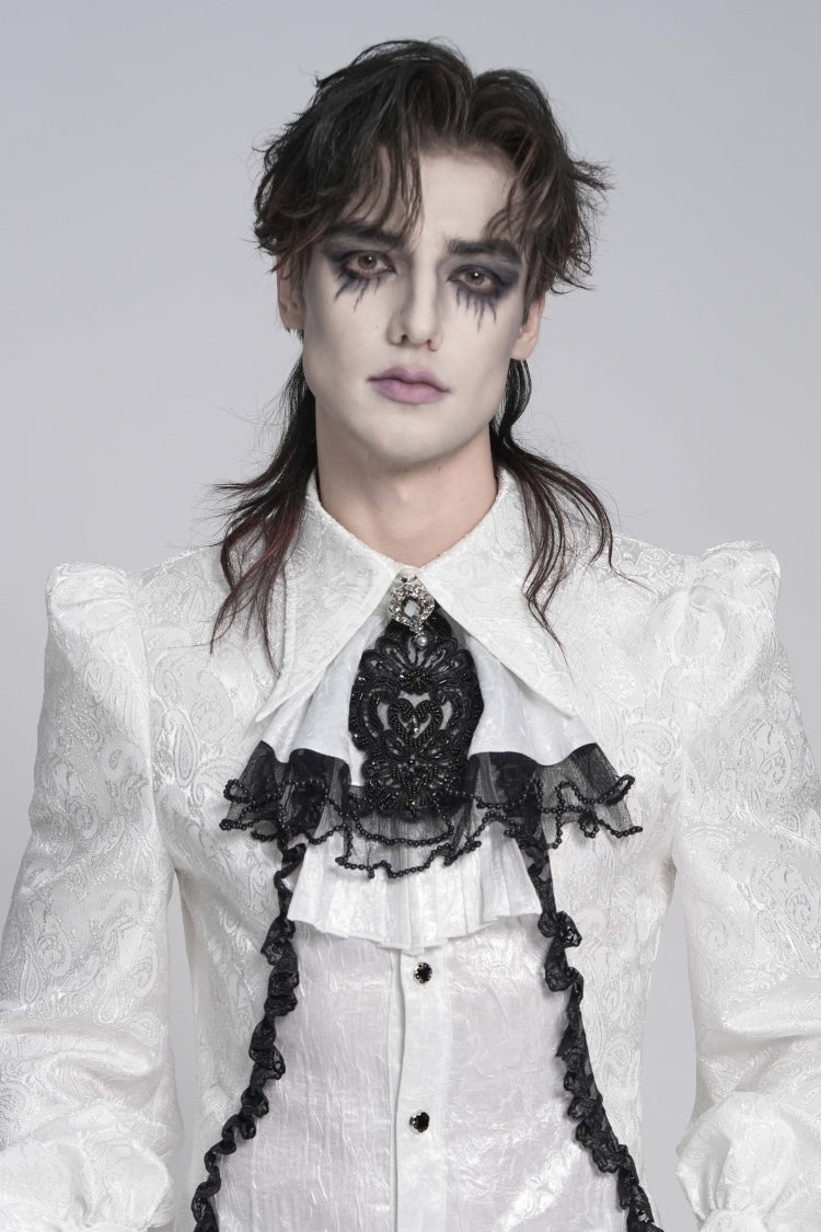 White Printed Diamante Beaded Embroidered Patchwork Lace Men's Gothic Luxurious Royal Neckwear - Product - 7