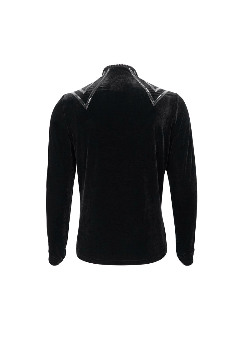 Black Round Collar Long Sleeves Stripes Splice Velvet Men's Gothic Shirt - Product - 9