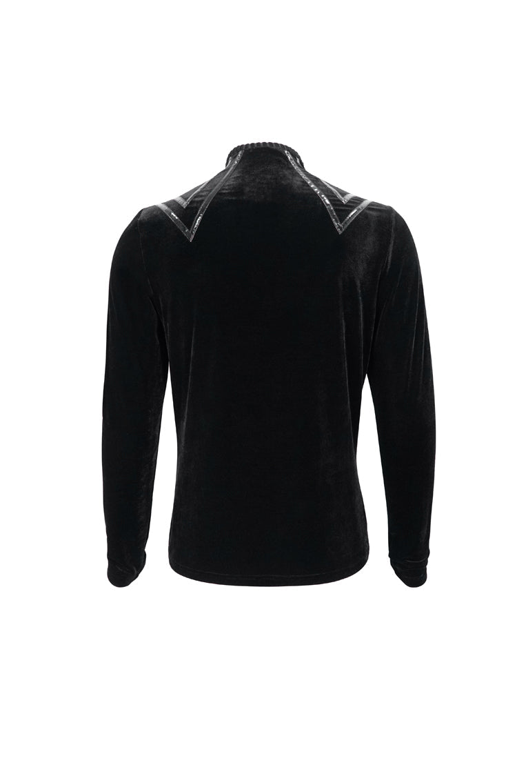 Black Round Collar Long Sleeves Stripes Splice Velvet Men's Gothic Shirt - Product - 9