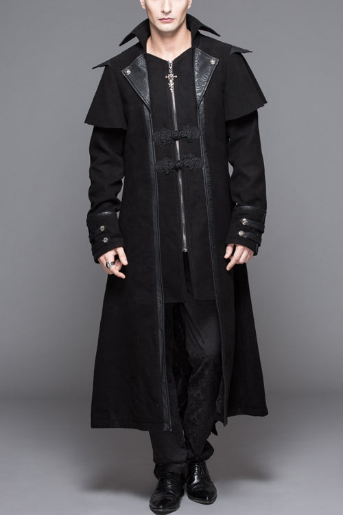 Black Fake Two Pieces High Collar Woollen Mens Gothic Long Coat - Black - 1