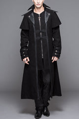 Black Fake Two Pieces High Collar Woollen Mens Gothic Long Coat - Black - 1