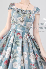 Blue/Green [Forest Basket] Sea Salt Rose Print Bowknot Chiffon Sweet Elegant Lolita Jsk Dress - Product - 4