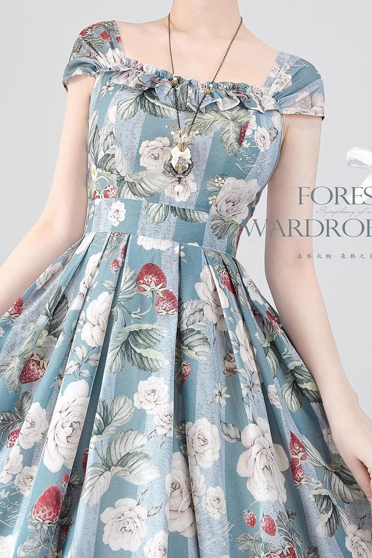 Blue/Green [Forest Basket] Sea Salt Rose Print Bowknot Chiffon Sweet Elegant Lolita Jsk Dress - Product - 4