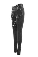 Black Punk Leather Loops Asymmetric Knitted Stretch Womens Pants - Product - 4