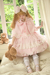 Pink [Petal Bunny] Cotton Square Collar Short Sleeves Double-Layered Ruffled Bow Lace Lace-Up Sweet Lolita Dress - Product - 5
