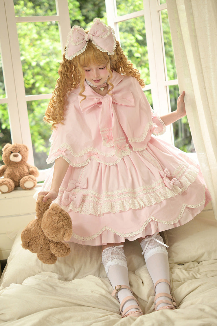 Pink [Petal Bunny] Cotton Square Collar Short Sleeves Double-Layered Ruffled Bow Lace Lace-Up Sweet Lolita Dress - Product - 5