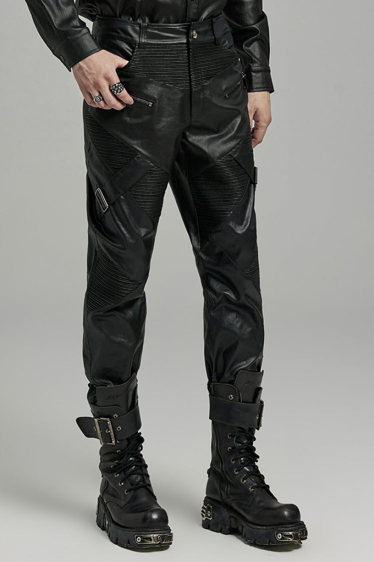 Black Zipper Men's Punk Faux Leather Pants - Product - 2