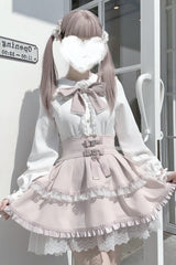 Rabbit Ears Long Sleeves Bowknot Lace Sweet Jirai Kei Japanese Blouse 3 Colors - Pink - 4