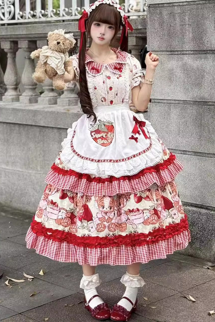 Red [Bear Strawberry Ode] Print Short Sleeves Double-Layered Ruffle Bowknot Sweet Princess Lolita Jsk Dress - Product - 3