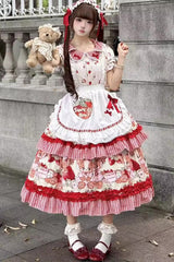 Red [Bear Strawberry Ode] Print Short Sleeves Double-Layered Ruffle Bowknot Sweet Princess Lolita Jsk Dress - Product - 3
