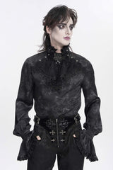 Black Stand Collar Long Trumpet Sleeves Printed Bow Lace Pearl-Decorated Men's Gothic Gorgeous Shirt - Product - 12