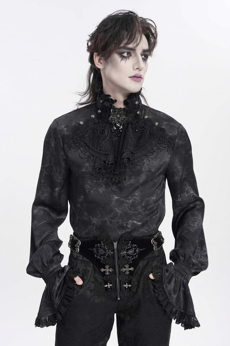 Black Stand Collar Long Trumpet Sleeves Printed Bow Lace Pearl-Decorated Men's Gothic Gorgeous Shirt - Product - 12