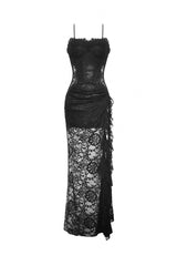 Black Sleeveless Side Slit Ruffled Lace Lace-Up Women's Gothic Maxi Slip Wedding Dress - Product - 3