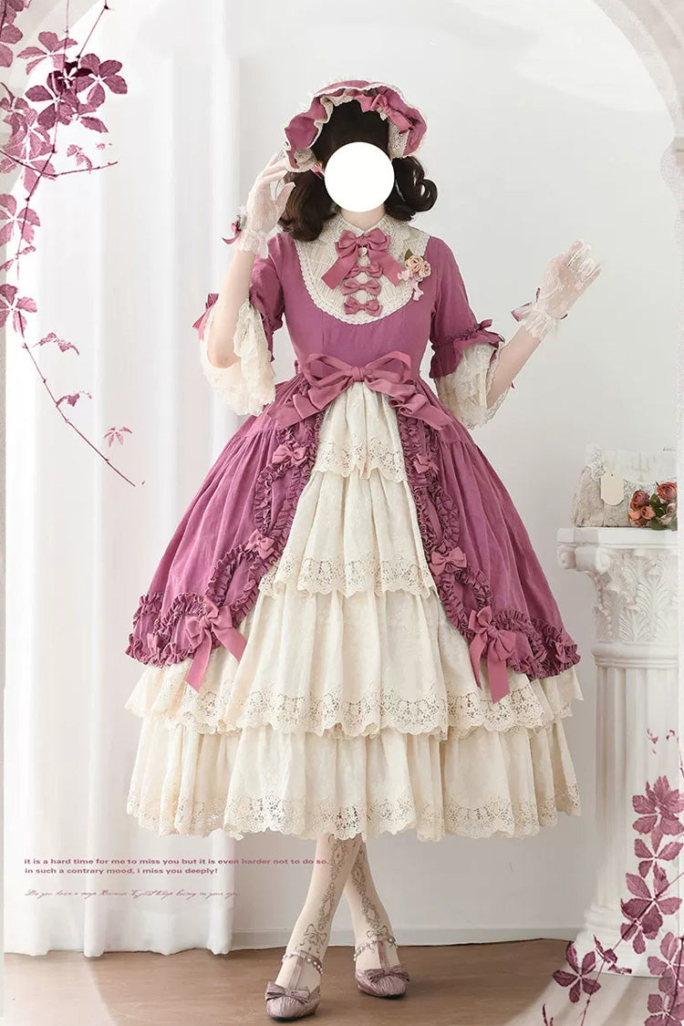 Plum Red [Lilica Garden] Lapel Collar Short Trumpet Sleeves Ruffled Open-Front Bow Lace Sweet Elegant Luxurious Lolita Dress - Product - 2
