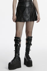 Black Faux Leather Pleated Stitching Women's Punk Skirt - Black - 1