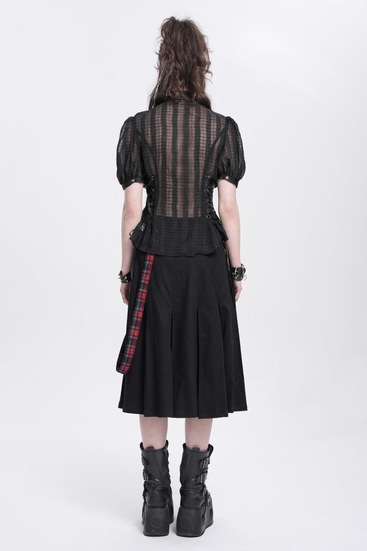 Black Stand Collar Short Puff Sleeves Sheer Mesh Women's Gothic Blouse - Product - 6