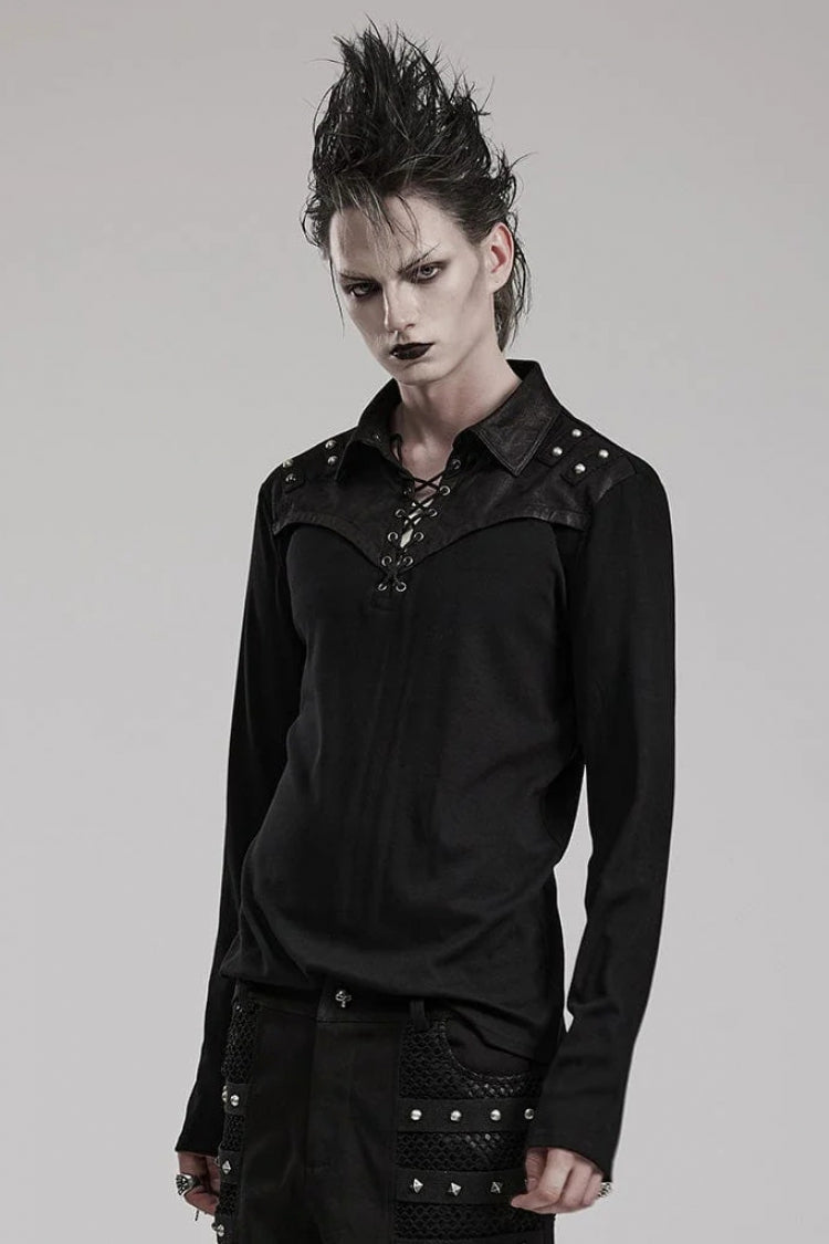 Black Lapel Collar Long Sleeves Stitching Mens Steampunk T-Shirt - Product - 2