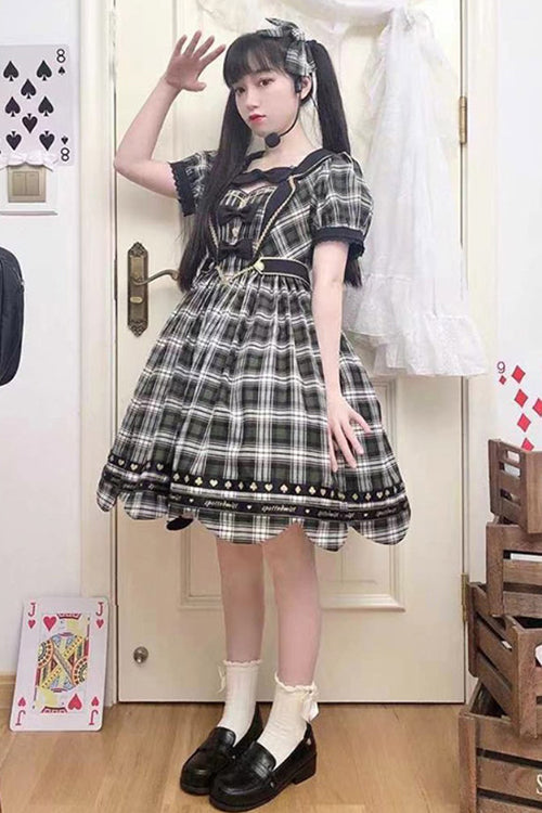 Green Plaid Print Dessert Crowned Bowknot High Waisted Short Sleeves Sweet (Dress Only) detail view 2
