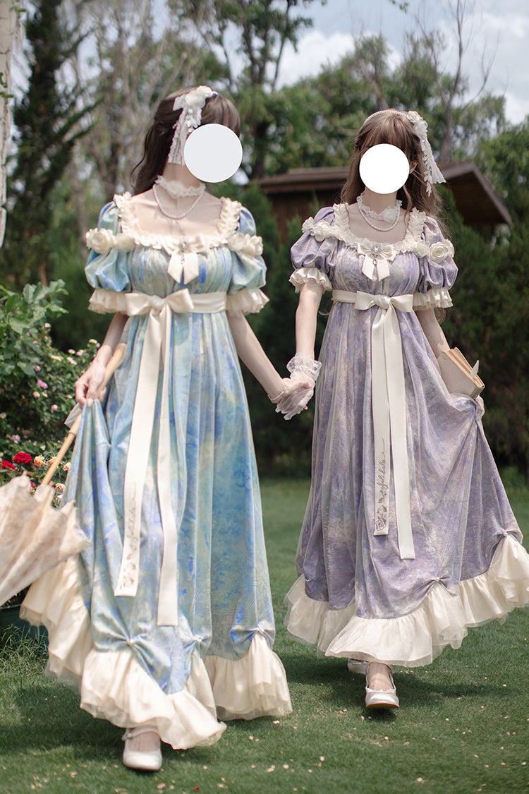 Blue [Oil Painting Sun and Moon Poem] Short Sleeves Print Ruffle Bowknot Sweet Princess Lolita Dress - Product - 5
