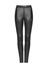 Black Crack Velvet Splice Knit PU Leather Metal Buckle Connect Chain Women's Punk Leggings - Product - 5