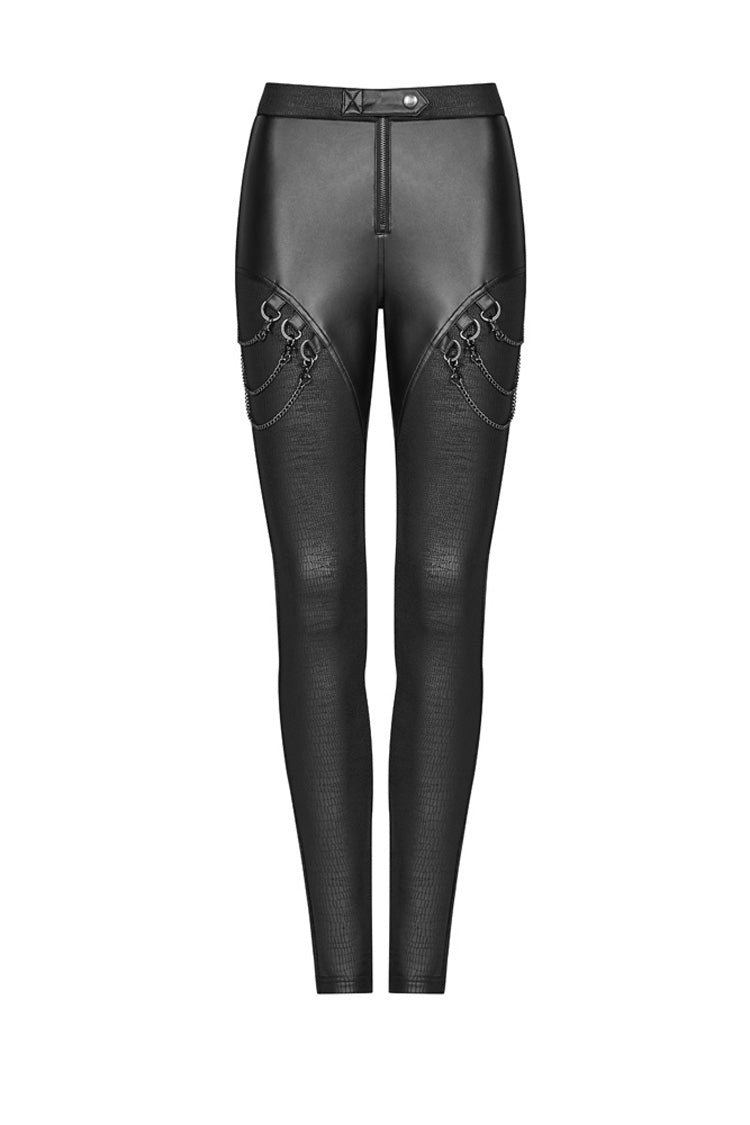 Black Crack Velvet Splice Knit PU Leather Metal Buckle Connect Chain Women's Punk Leggings - Product - 5