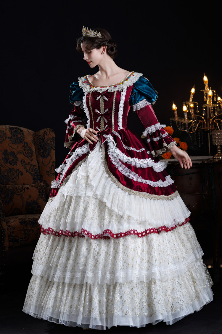 Wine/Ivory Round Collar Long Hime Sleeves Triple-Layered Ruffled Open-Front Bow Lace Classic Vintage Palace Lolita Victorian Dress - Product - 5
