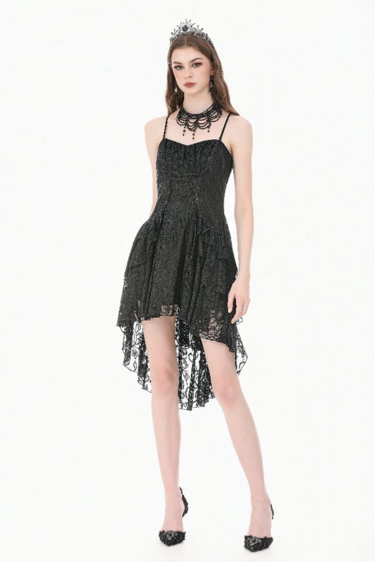 Black Lace-Up Women's Gothic High-Low Multi-Layered Ruffled Tail Lace Slip Dress - Product - 7