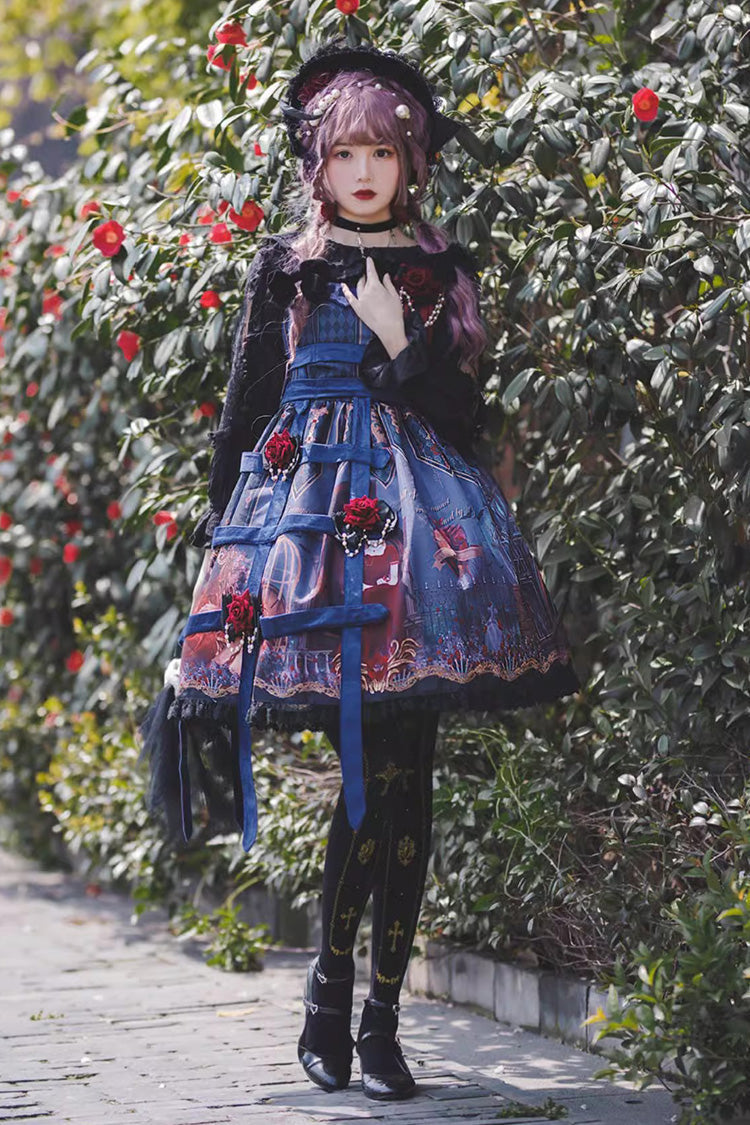 Midnight Magic Church Print Ruffle Punk Lolita Jsk Dress 3 Colors - Blue - 1