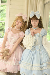 Pink [Petal Bunny] Cotton Square Collar Short Sleeves Double-Layered Ruffled Bow Lace Lace-Up Sweet Lolita Dress - Product - 18