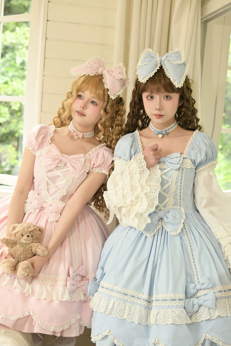 Pink [Petal Bunny] Cotton Square Collar Short Sleeves Double-Layered Ruffled Bow Lace Lace-Up Sweet Lolita Dress - Product - 18