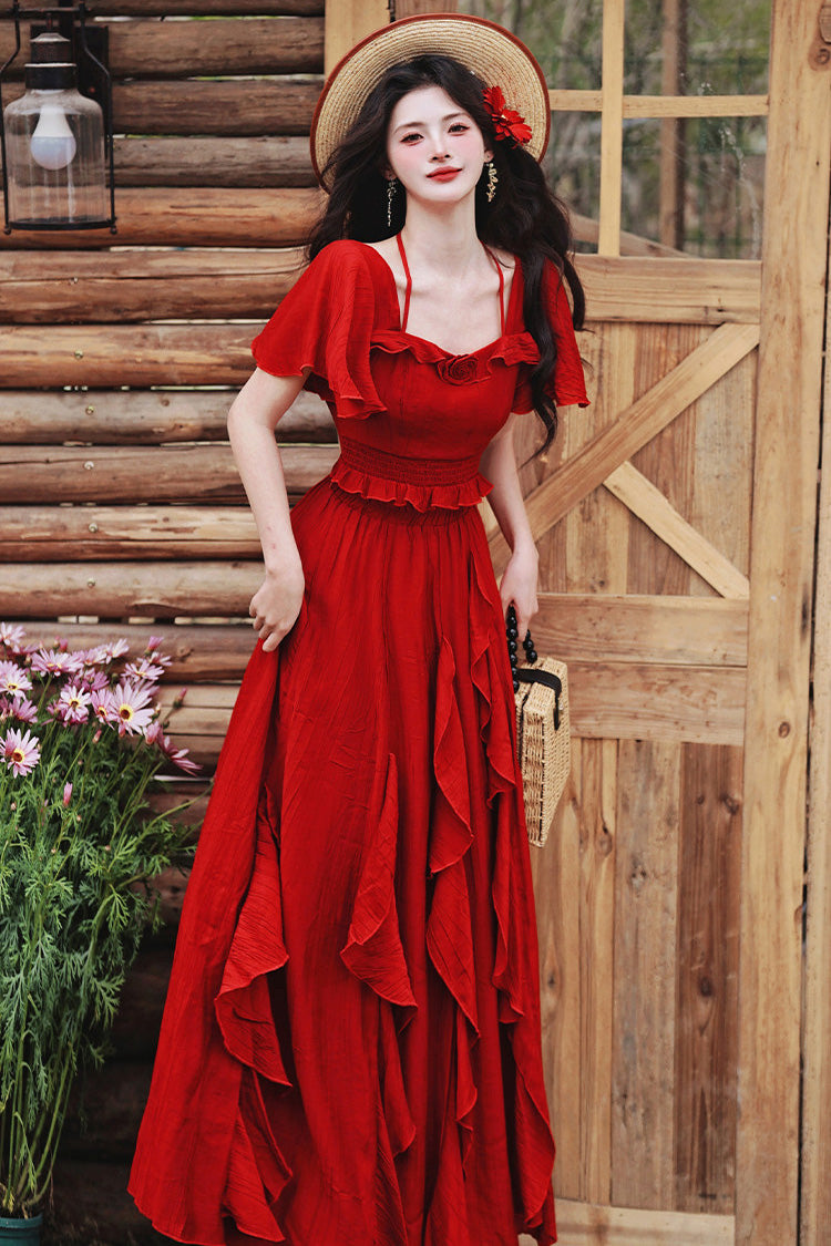 Red Square Collar Halterneck Short Sleeves High Waisted Ruffled Gothic Vintage Lolita Long Skirt Set - Product - 4