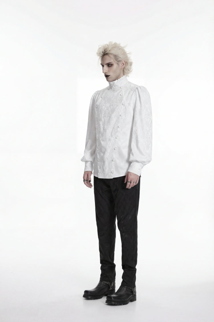 White Stand Collar Long Lantern Sleeves Jacquard Embroidered  Men's Gothic Palace Shirt with Detachable Tie - Product - 3