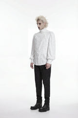 White Stand Collar Long Lantern Sleeves Jacquard Embroidered  Men's Gothic Palace Shirt with Detachable Tie - Product - 3
