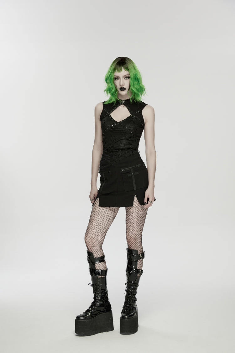 Black Embroidered Zippered Women's Punk Skull Embroidered Cool Big Pocket Skirt - Product - 4