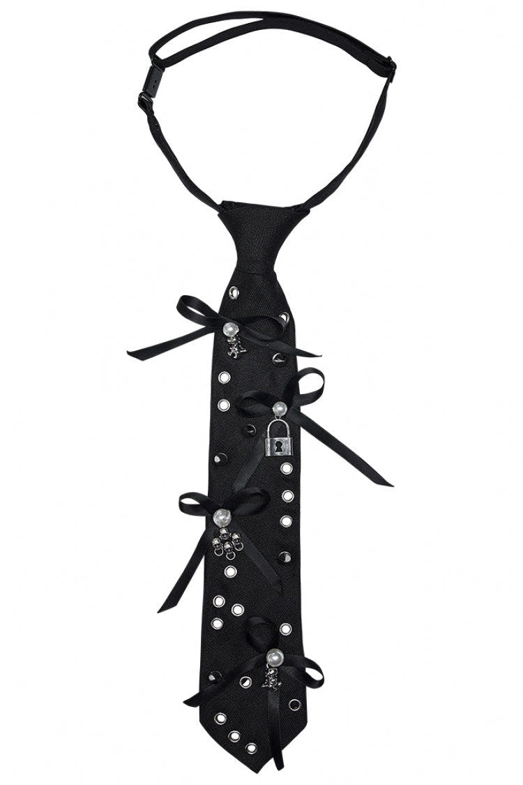 Black Metal Pendant Rivets Adjustable Bowknot Women's Steampunk Necktie - Black - 1