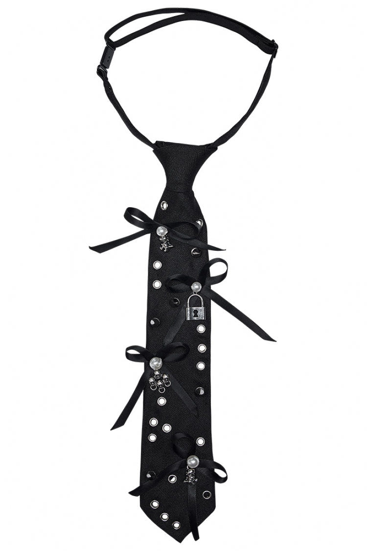 Black Metal Pendant Rivets Adjustable Bowknot Women's Steampunk Necktie - Black - 1