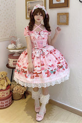 Pink [Strawberry Parfait] Print Short Sleeves Ruffle Bowknot Lace Lace-Up Sweet Lolita Dress - Product - 5