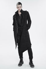Black Stand Collar Asymmetric Hem Matching Shoulder Strap Long Men's Gothic Coat - Product - 3
