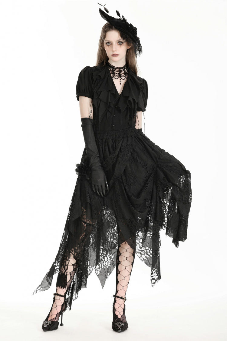Black Women's Gothic Lace Irregular Distressed Hanky‑Hem Skirt - Product - 7