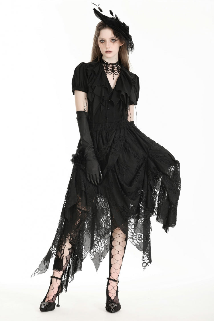 Black Women's Gothic Lace Irregular Distressed Hanky‑Hem Skirt - Product - 7