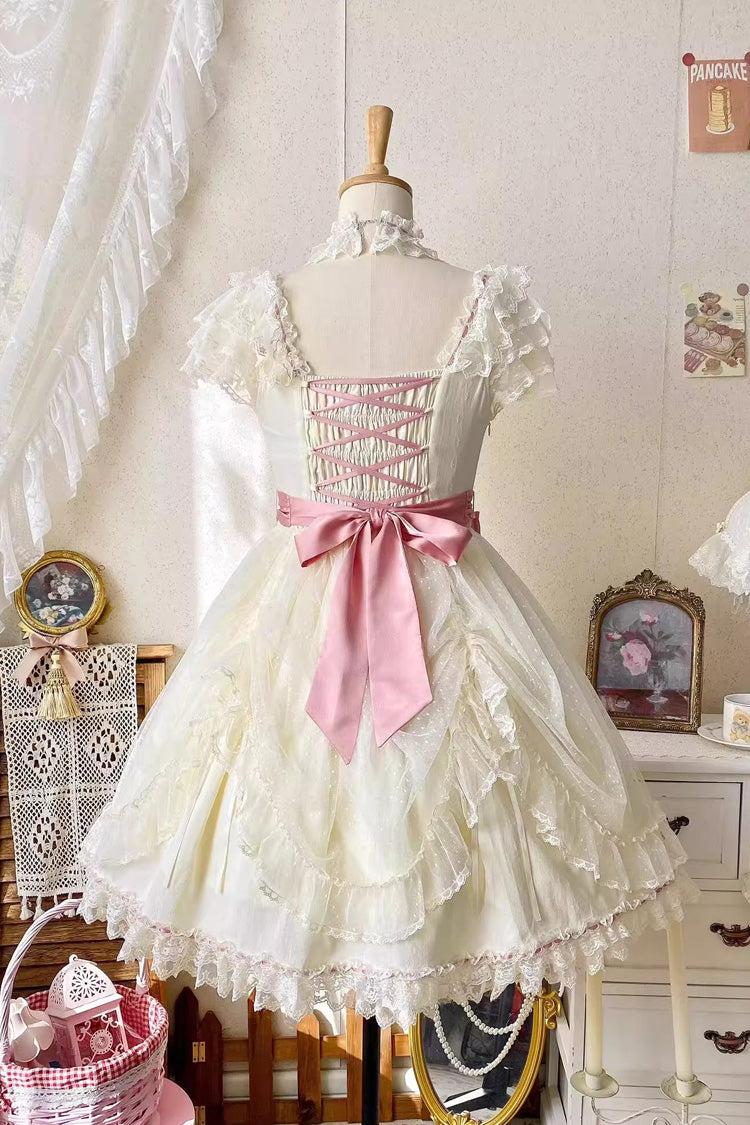 Yellow [Sakura’s Spring Resonance] Sleeveless Ruffled Bow Sweet Lolita Jsk Dress (Short Version) - Product - 8