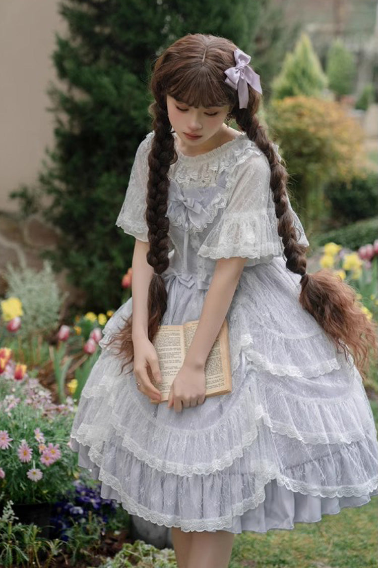 Blue Iris Love Multi-layer Jacquard Bowknot Sweet Elegant Princess Lolita Jsk Dress - Product - 7