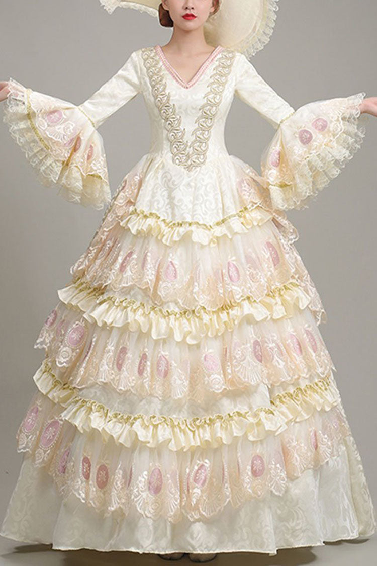 Beige Hime Sleeves High Waisted Lace Stitching Hollow Floral Print Ruffled Multi-Layer Victorian Lolita Prom Tiered Dress - Beige - 1