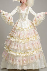 Beige Hime Sleeves High Waisted Lace Stitching Hollow Floral Print Ruffled Multi-Layer Victorian Lolita Prom Tiered Dress - Beige - 1